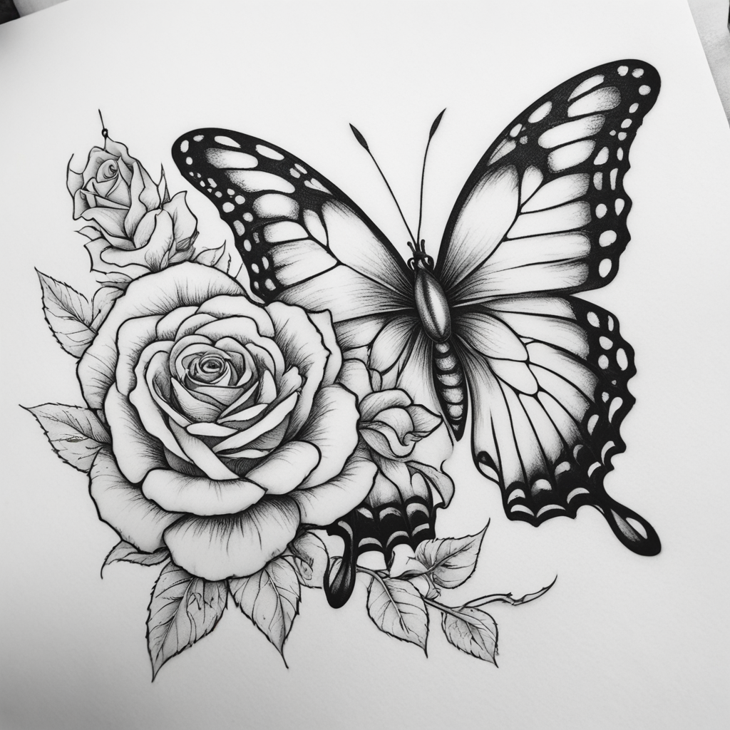 in the style of fineline tattoo, with a tattoo of rose，butterfly，black white
