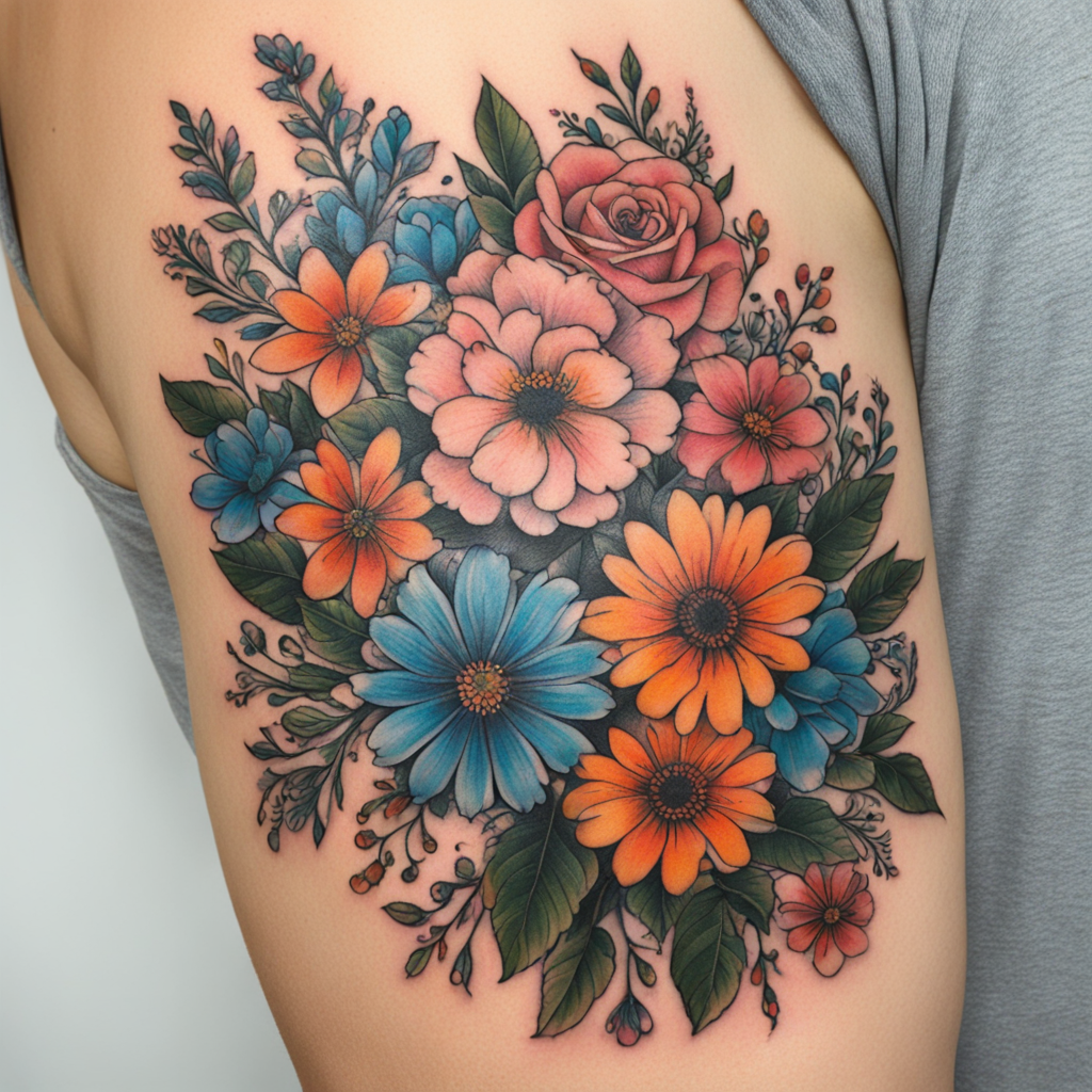 in the style of arm tattoos, with a tattoo of Flowers sleeve colour 