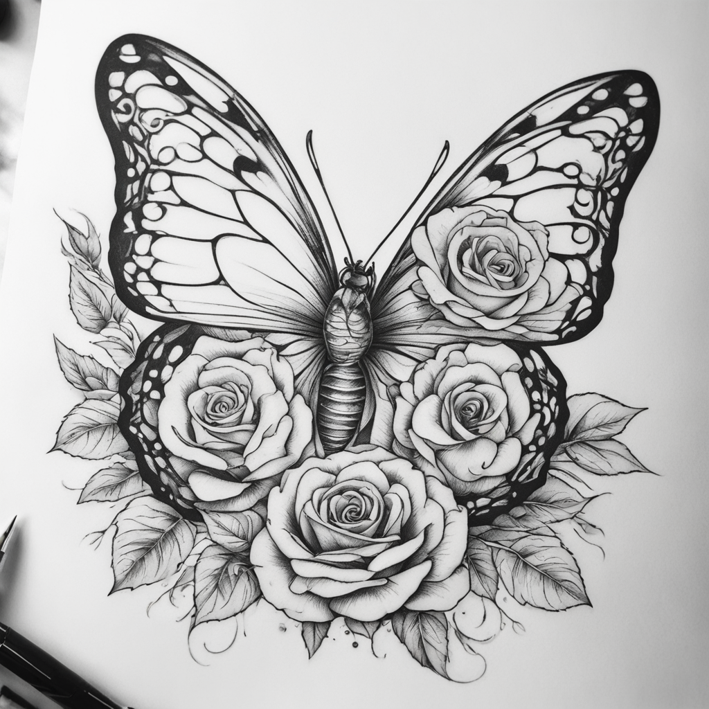 in the style of fineline tattoo, with a tattoo of rose，butterfly，black-white