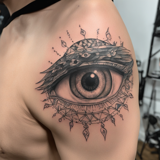 in the style of fineline tattoo, with a tattoo of BRUCE EYES