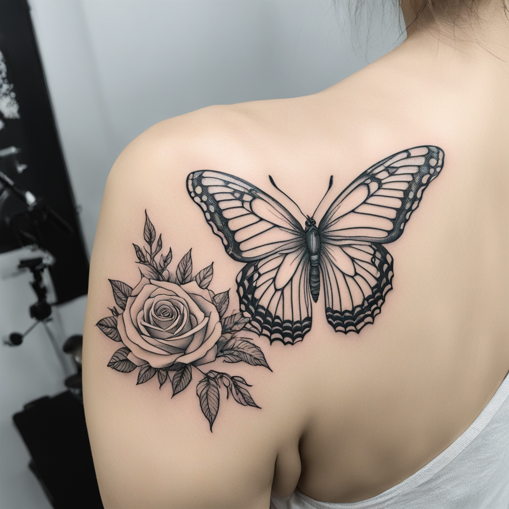 in the style of fineline tattoo, with a tattoo of rose，butterfly，white background