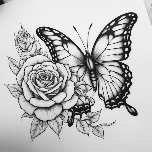 in the style of fineline tattoo, with a tattoo of rose，butterfly，black white
