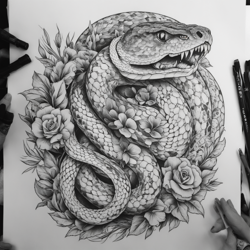 in the style of fineline tattoo, with a tattoo of snake，black white