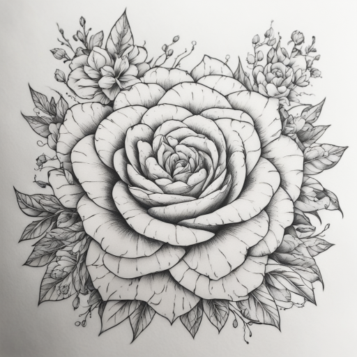 in the style of fineline tattoo, with a tattoo of snake，flower，black white，3：2 proportions