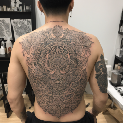 in the style of fineline tattoo, with a tattoo of Back totem chinese嵌