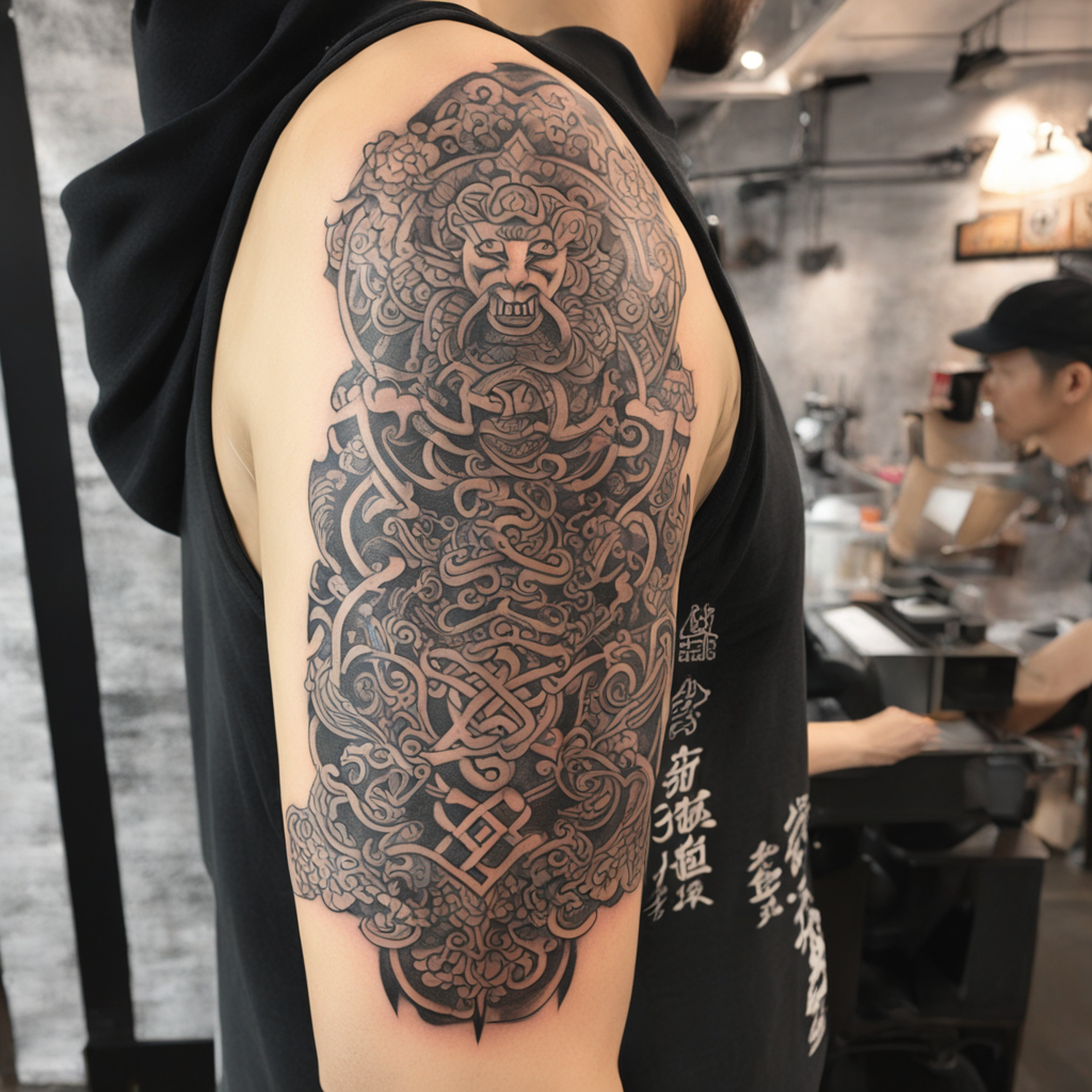 in the style of arm tattoos, with a tattoo of 玫瑰，蝴蝶，素描风格，高清