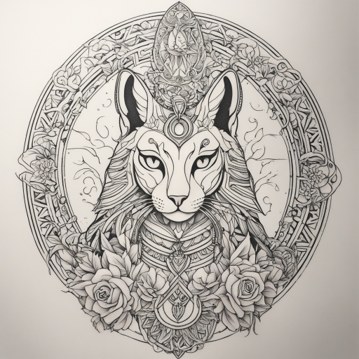 in the style of fineline tattoo, with a tattoo of déesse bastet