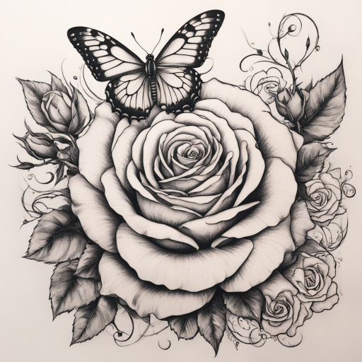 in the style of arm tattoos, with a tattoo of a rose with a snake wandering around it and a small butterfly resting on it