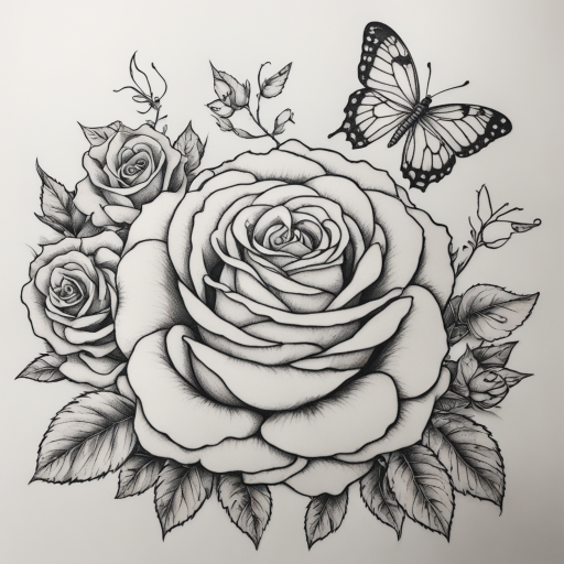 in the style of fineline tattoo, with a tattoo of Black and white tattoo design of a rose with a snake wandering around it and a small butterfly resting on it