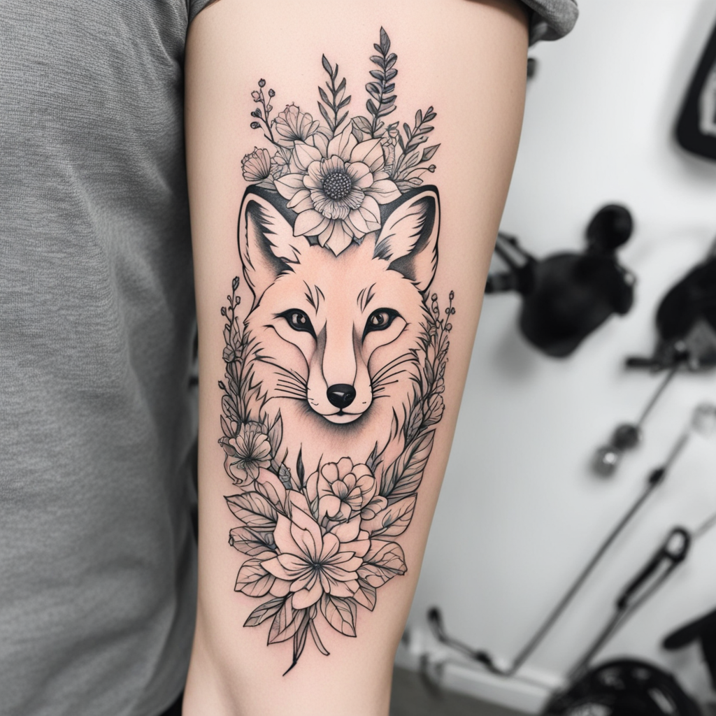 in the style of arm tattoos, with a tattoo of fox and flower