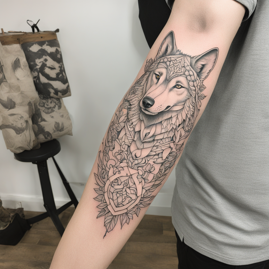 in the style of fineline tattoo, with a tattoo of Wolf wearing sheep's clothes
