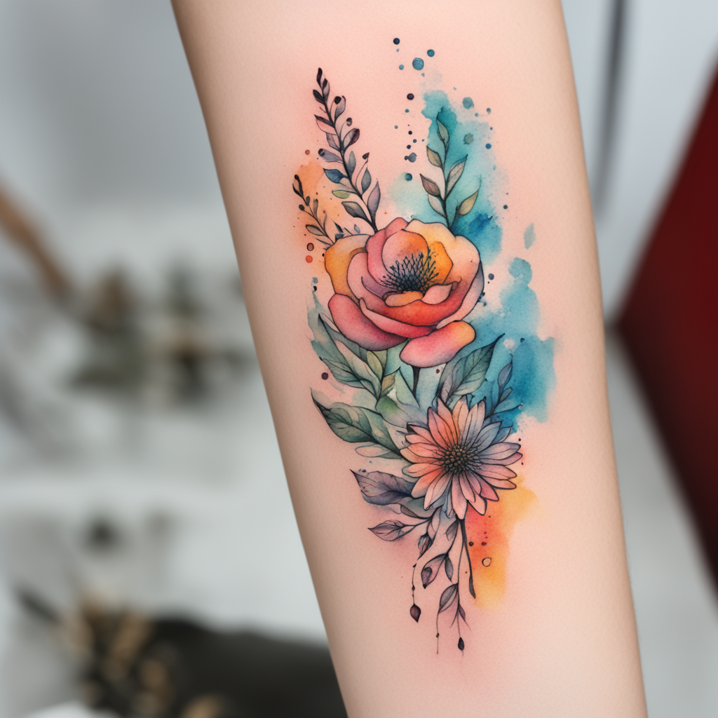 in the style of watercolor tatoo, with a tattoo of Ein Tattoo in Aquarell-Optik mit den Wörtern "Liebe