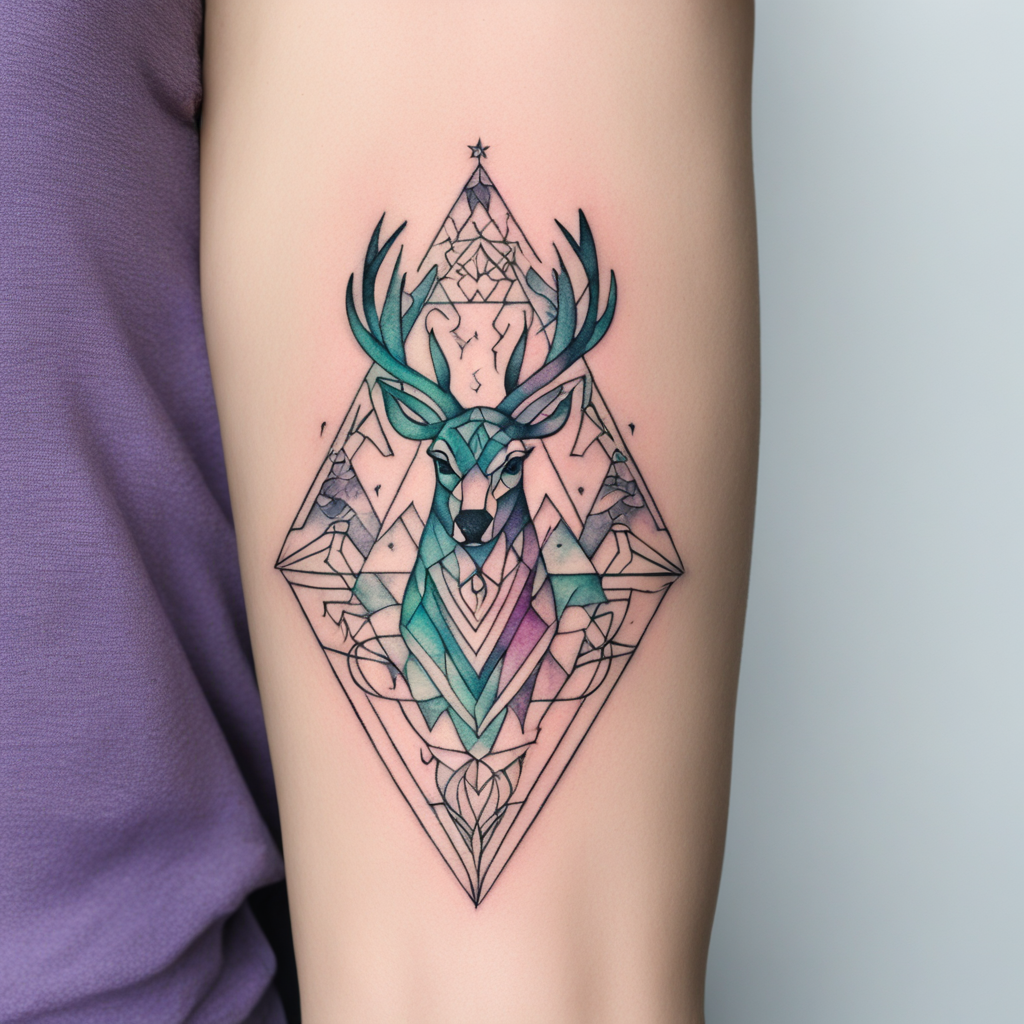 in the style of geometric tattoo, with a tattoo of Ein Tattoo in Aquarell-Optik mit den Wörtern "Liebe