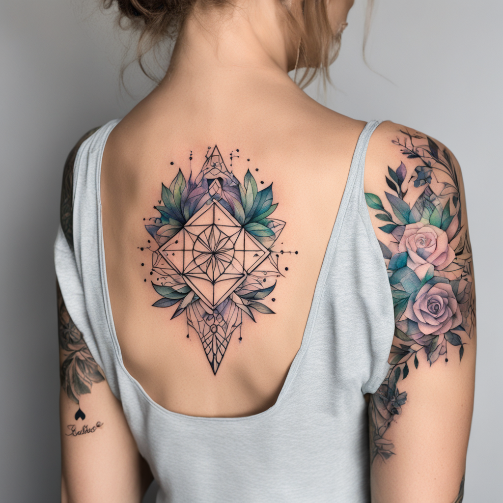 in the style of geometric tattoo, with a tattoo of Ein Tattoo in Aquarell-Optik mit den Wörtern "Liebe