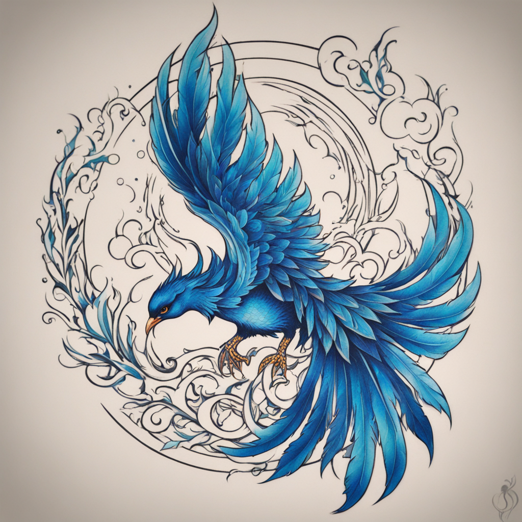 in the style of illustrative tattoo, with a tattoo of New school style blue Phoenix 