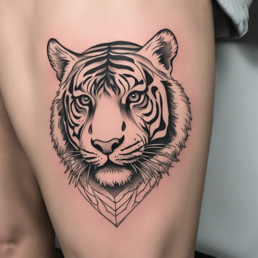 in the style of fineline tattoo, with a tattoo of tiger on my bad