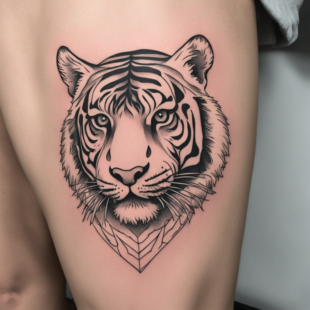 in the style of fineline tattoo, with a tattoo of tiger on my bad