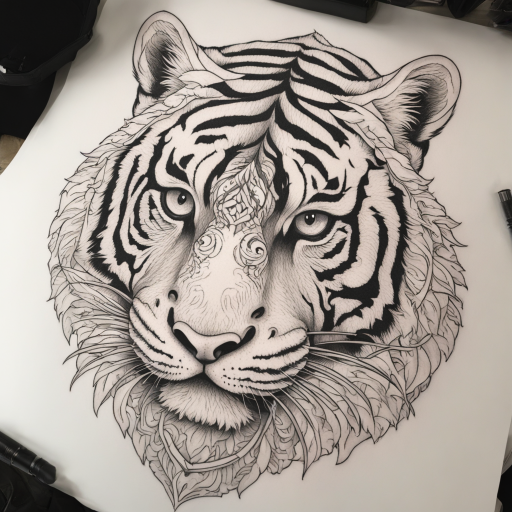 in the style of fineline tattoo, with a tattoo of tiger on my bad