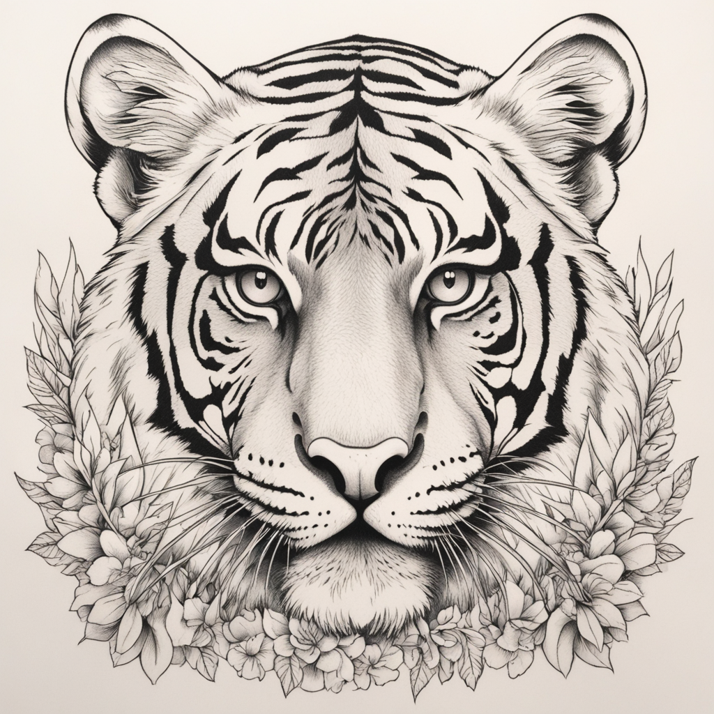 in the style of fineline tattoo, with a tattoo of tiger