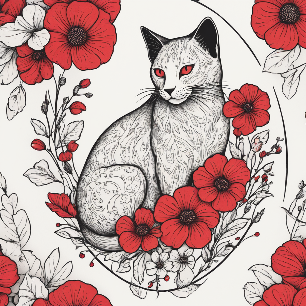 in the style of illustrative tattoo, with a tattoo of blackhead cat on top of the bunch of red flowers with shadow in shapes. all for arm elongated oval