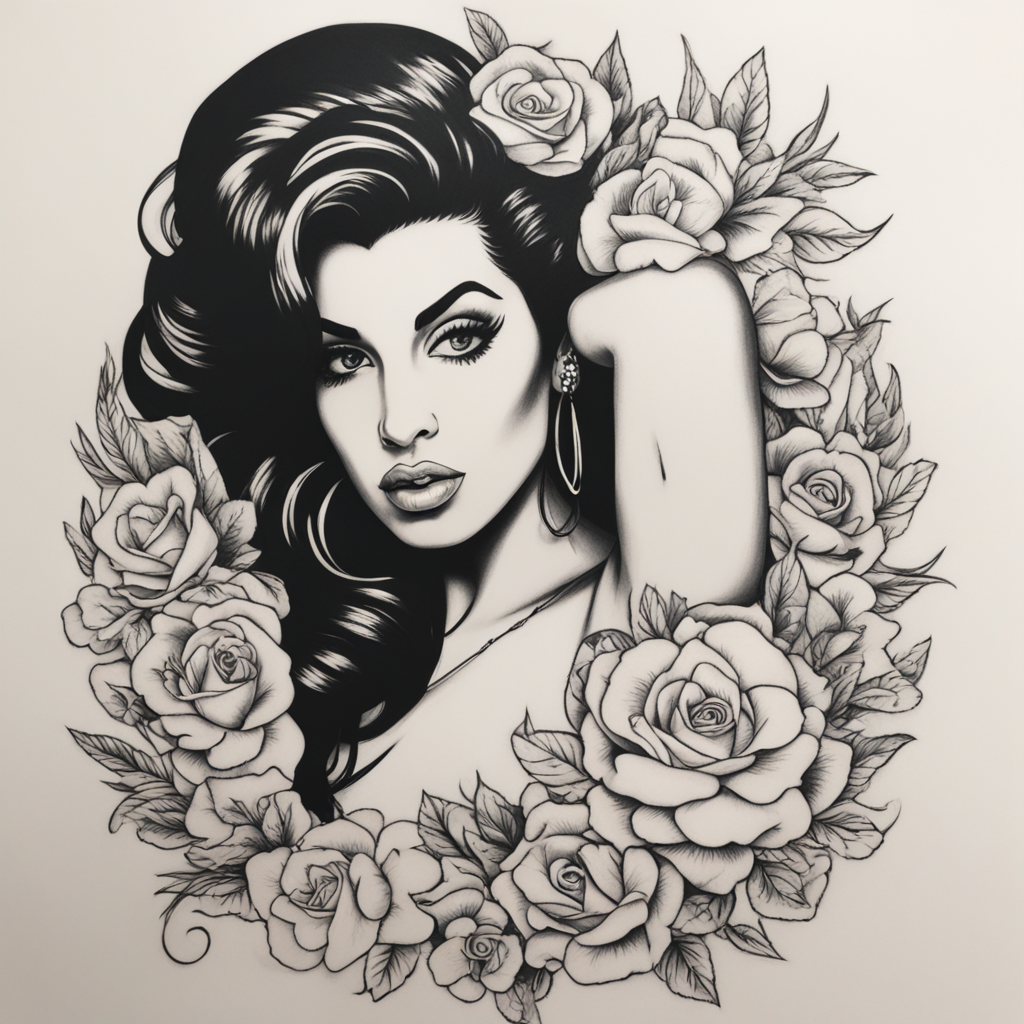 in the style of illustrative tattoo, with a tattoo of Crée un tatouage sur Amy Winehouse