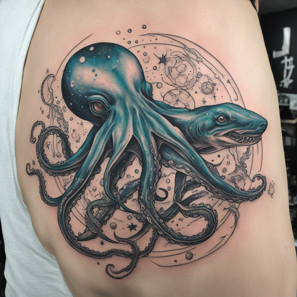 in the style of fineline tattoo, with a tattoo of octopus fighting a shark in space