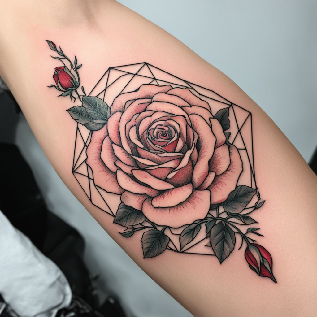 in the style of fineline tattoo, with a tattoo of red rose in glass hexagon