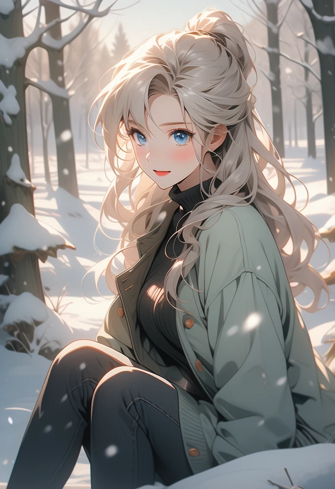 Cheerful Winter Moments: Anime Girl in a Snowy Forest