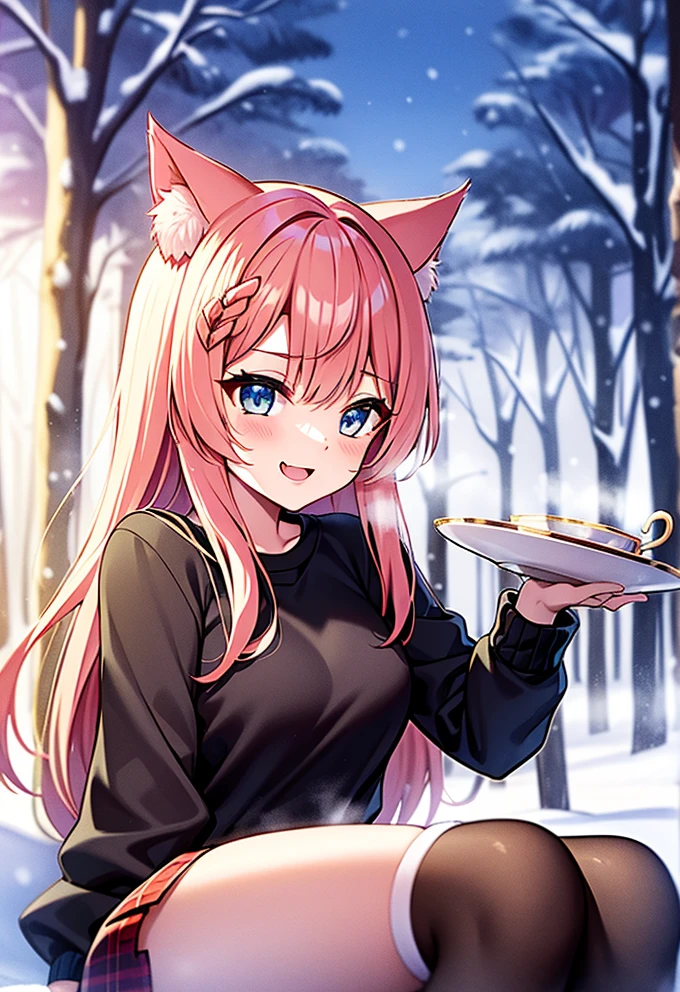 "Winter Whimsy: A Cheerful Anime Cat Girl in the Woods"