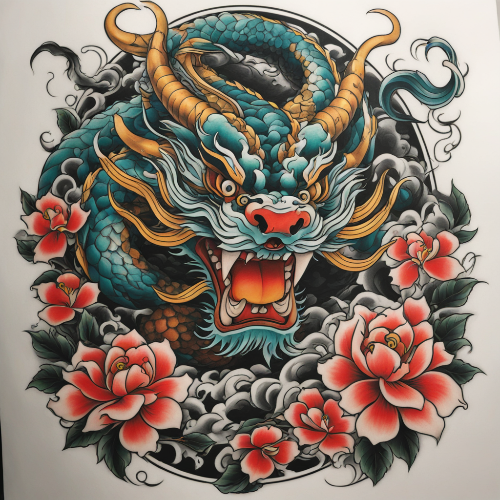 in the style of neo traditional tattoo, with a tattoo of 龙、蛇、兔、三种属性环抱在一起