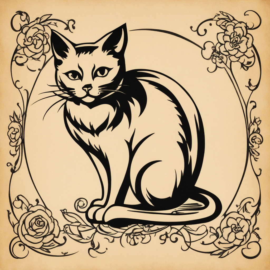 in the style of sailor jerry tattoo, with a tattoo of Make a design with the silhouette of a cat