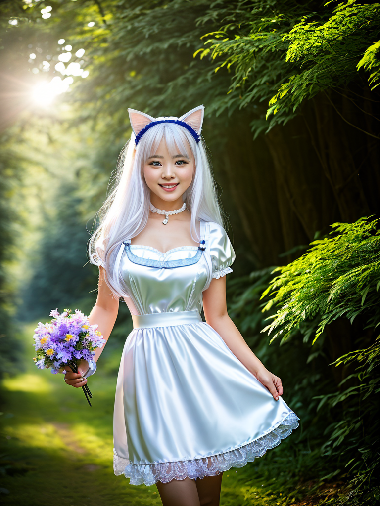 Whimsical Cat Maid in a Lush Forest