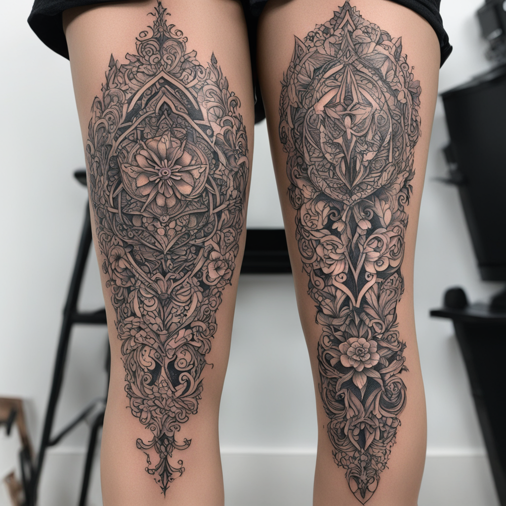 in the style of leg tattoos, with a tattoo of gothic