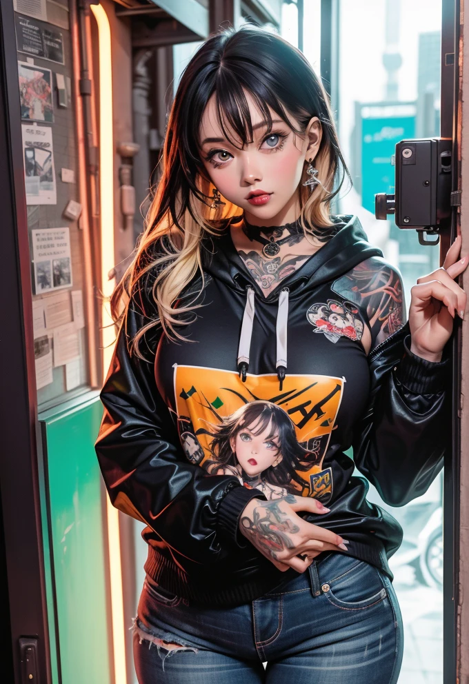 Chic Anime Tattoo Girl in a Vibrant Cafe Scene