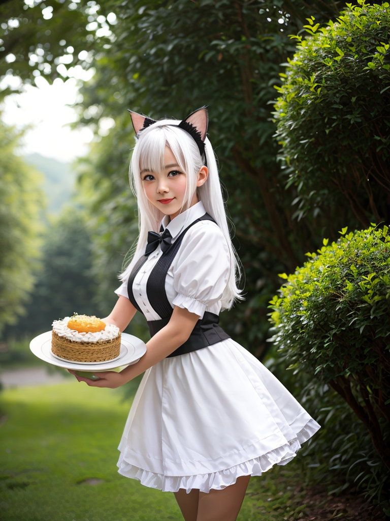 Whimsical Cat Maid in a Lush Forest