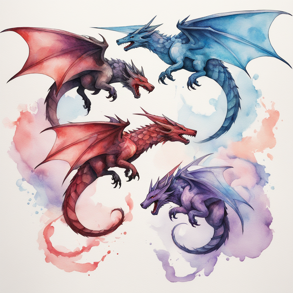 Trio of Wyverns: Watercolor Flight