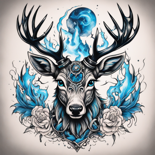 Stormy Majesty: The Fierce Blue-Eyed Deer Tattoo