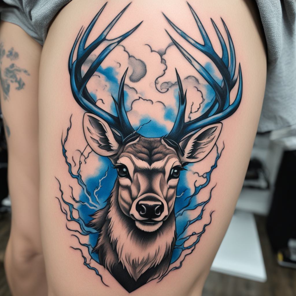 Stormborn Fury: The Blue-Eyed Deer Tattoo