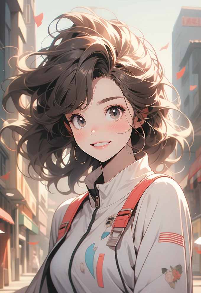 Cheerful Anime Girl in a Vibrant Cityscape