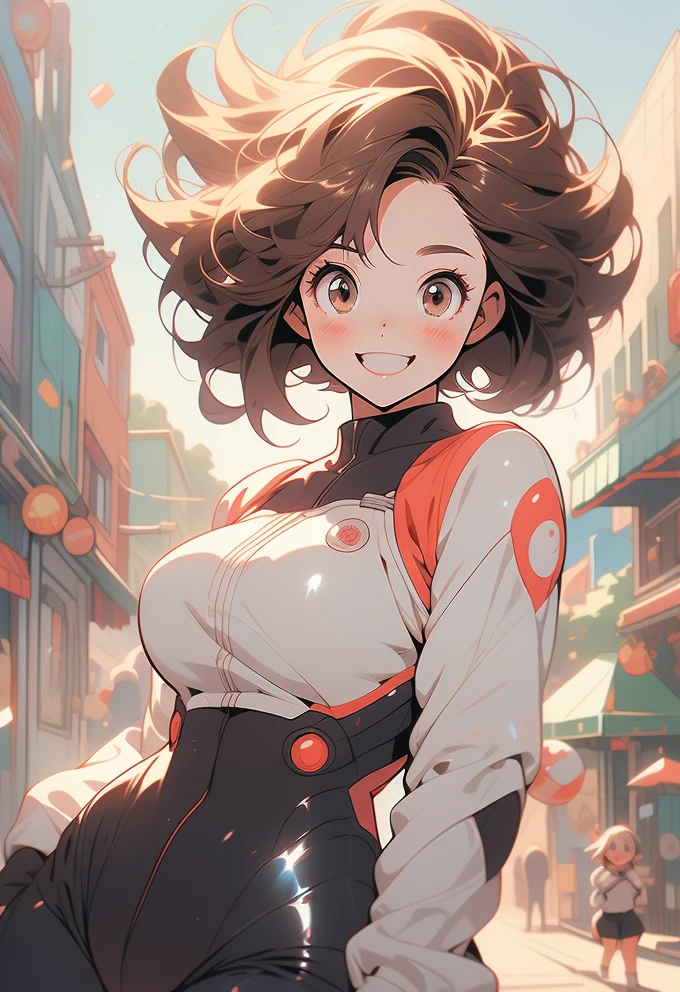 Cheerful Anime Girl in Vibrant Cityscape