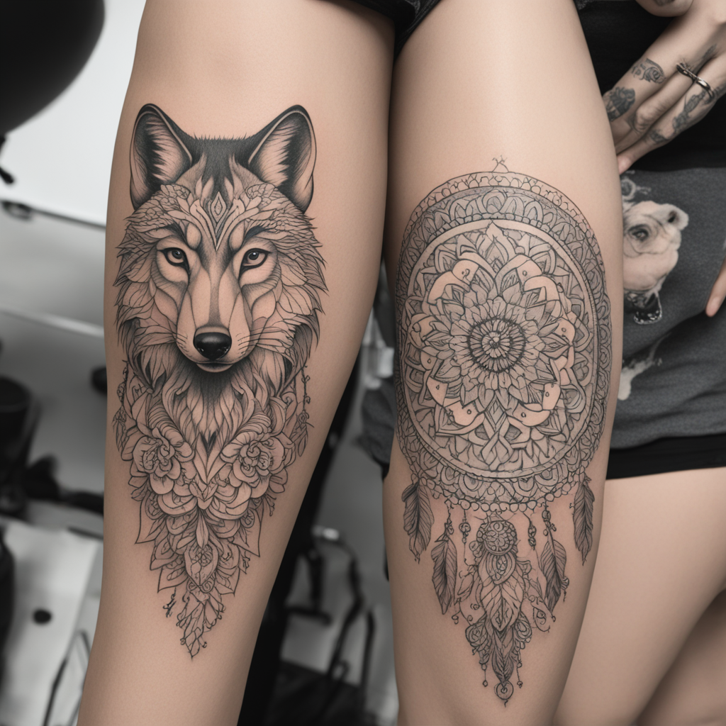 Wild Elegance: A Wolf and Woman in Mandala Harmony