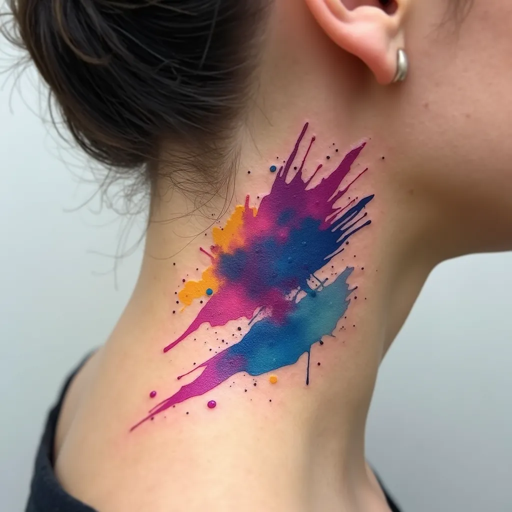 Vibrant Brushstroke Neck Tattoo