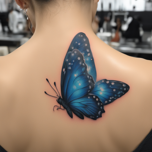 Radiant Blue Butterfly: A Glowing Back Tattoo