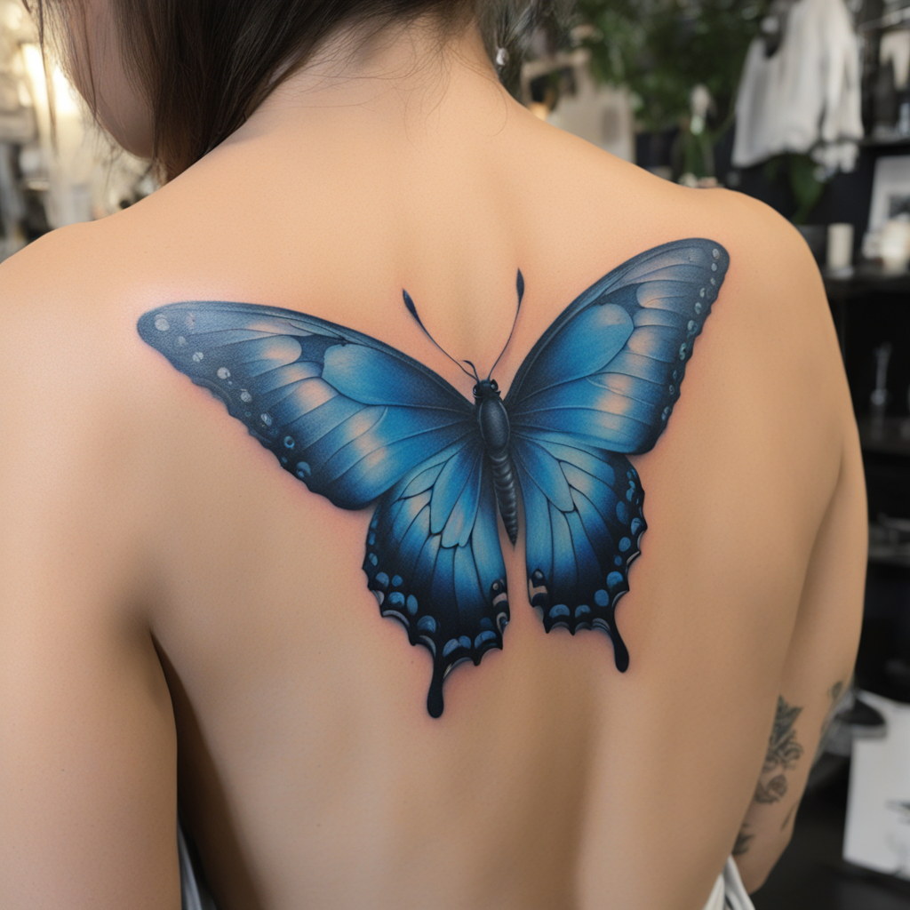 in the style of back tattoos, with a tattoo of a blue butterfly glowing  