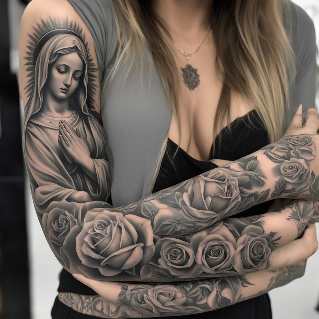 Praying Virgin Mary: A Black and Gray Tribute