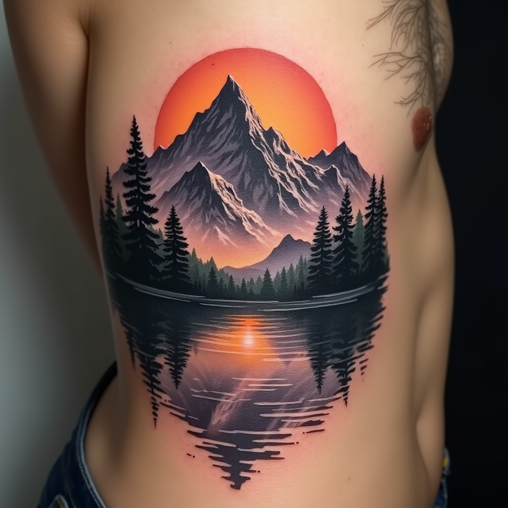 Body part: Side of ribcage  
Pattern: Realistic mountain landscape with a sunset backdrop