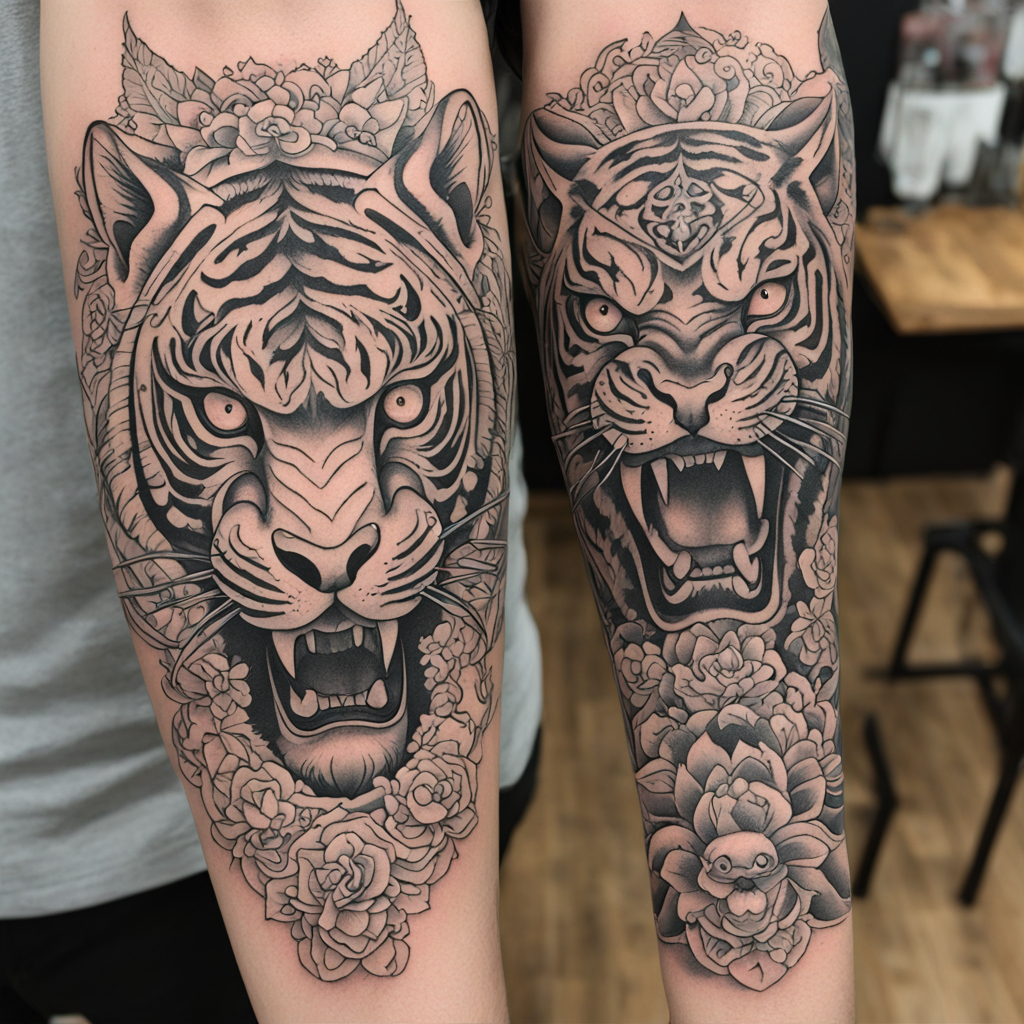 Oni and Tiger: A Fineline Tattoo Symphony