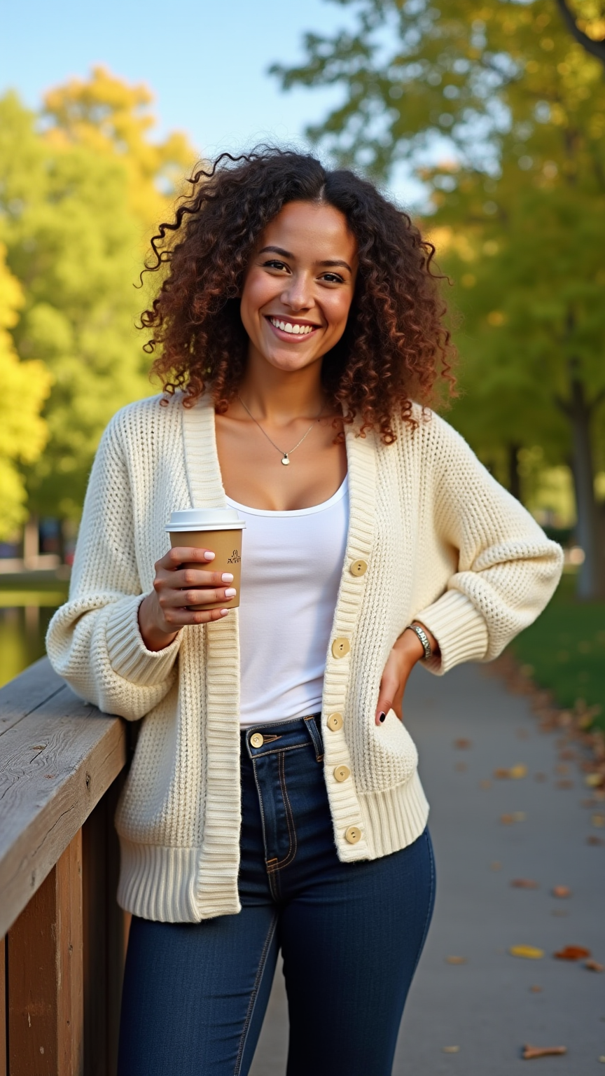 Average-height individual with curly hair, wearing a cozy cardigan and jeans.