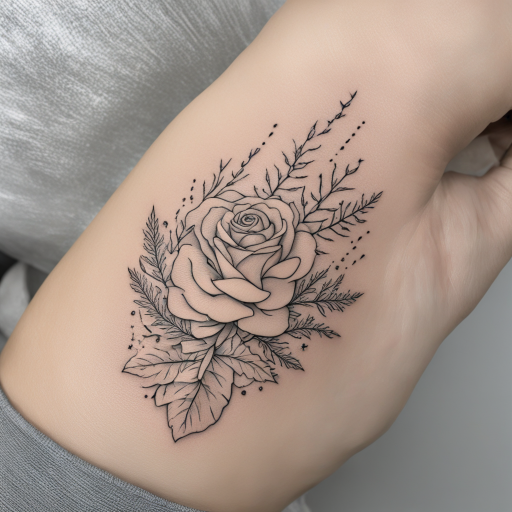 Elegant Fine Line Tattoo: Rose, Thistle, Fern & More