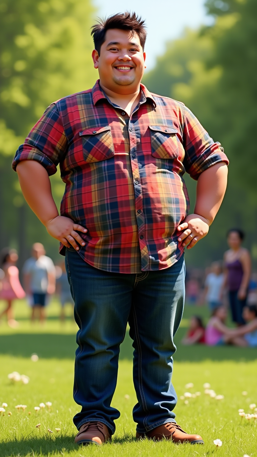 Stocky individual with short hair, wearing a vibrant plaid shirt.